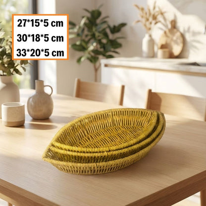 3’lü Kayık Formlu Plastik Rattan Sepet Seti–Hasır Görünümlü Ekmek, Meyve ve Sunum Sepetleri, Çok Amaçlı Masaüstü Organizer (5643)