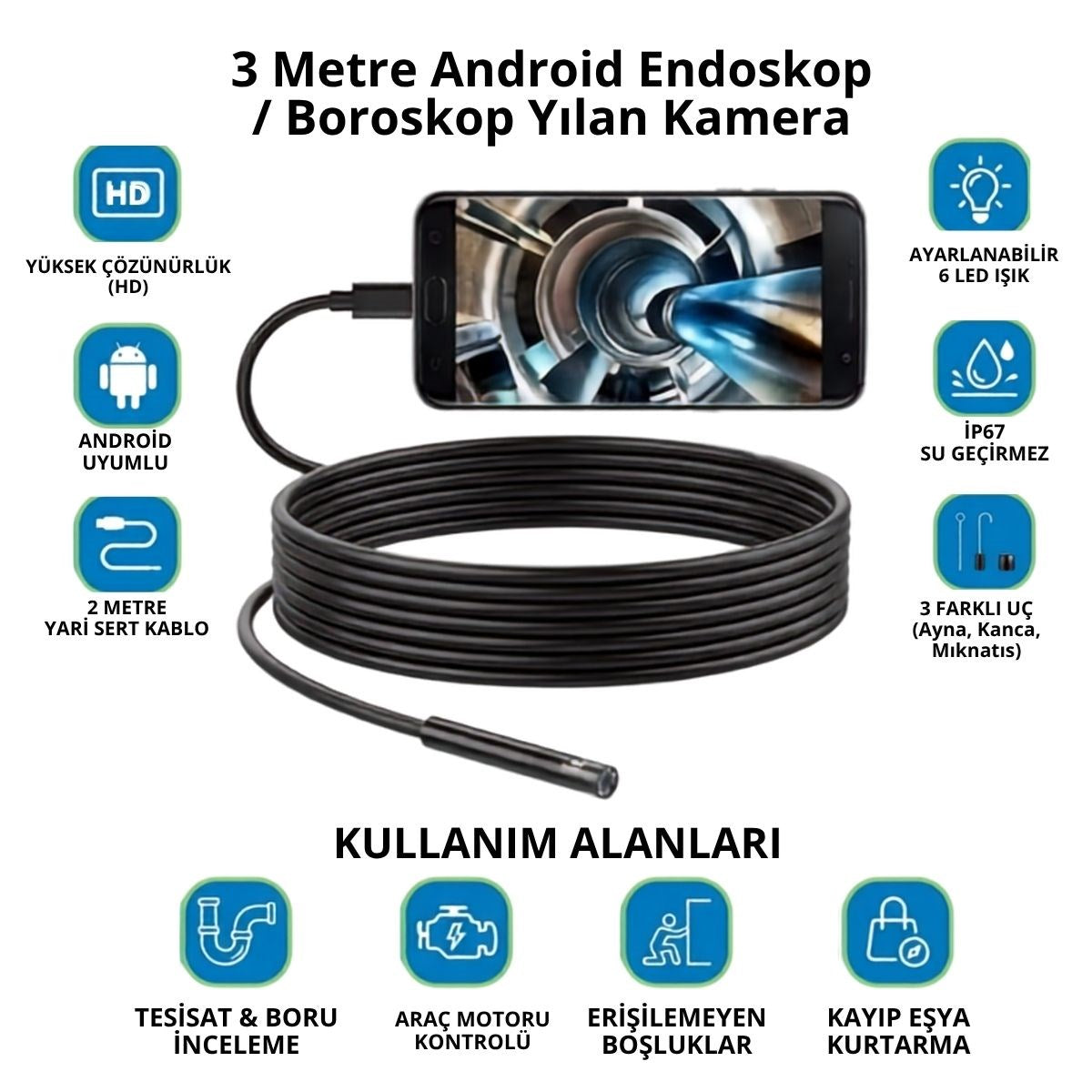 3 Metre Android Telefon Uyumlu 6 LED Işıklı Su Geçirmez Endoskop / Boroskop Yılan Kamera HD