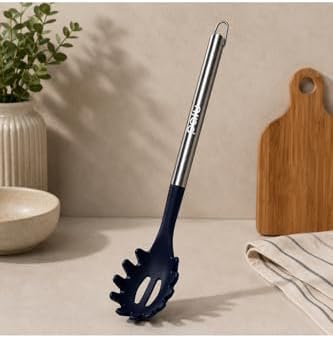 Silikon Makarna Servis Kaşığı, Paslanmaz Çelik Saplı, Lacivert, 34 cm