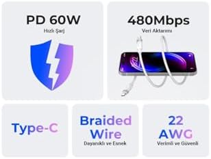 60W 3A PD Type-C to Type-C Hızlı Şarj ve Data Kablosu Beyaz 1 Metre