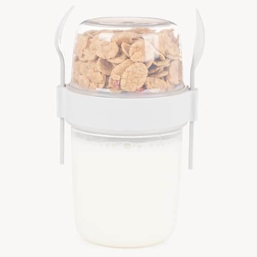 650 ml Take-go Kaşıklı Hazneli Meyveli Müsli Kabı Piknik Iş Yoğurt Süt Bardağı Kapaklı ve Kaşıklı Kahvaltı Bardakları, Tahıl Tepesi Yulaf Ezmesi Granola (Beyaz)