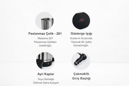 24V 800ML ARAÇ KETTLE SU ISITICI ÇAKMAKLIK GİRİŞLİ PASLANMAZ ÇELİK GÖSTERGE IŞIKLI
