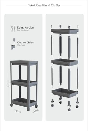 Peggy 3 Katlı Tekerlekli Raf Ünitesi - 36x71x23 cm Dar Alan Düzenleyici - Mutfak ve Banyo İçin Aletsiz Kurulum Servis Arabası (Beyaz - Siyah - Gri) (GRİ)