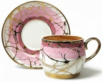 6 Kişilik Lüks Porselen Pembe Ton Altın Yaldızlı Kahve Fincan Seti - 100 ml