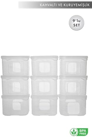 Erzak Saklama Kabı Sızdırmaz Kapak 9'lu Set Şeffaf-(Ölçü Kabı Hediyeli)