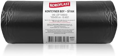 Konteyner Boy Çöp Torbası Siyah 10’lu 120x150 cm, Yırtılmaya Dayanıklı, Konteyner Boy Çöp Poşeti, Çift Katlı, Geri Dönüştürülebilir, Fabrika, İnşaat, Depo, Kafe, Otel, Hastane, Bahçe