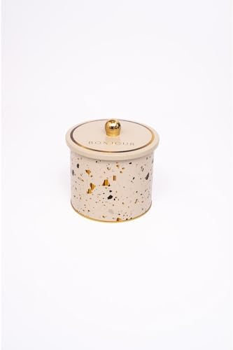EVLE-Terrazo Desenli Yuvarlak Metal Saklama Kabı, Erzak Saklama Kabı - Organizer Kutu 14 Cm X 12,5 Cm (Terrazzo Cream)