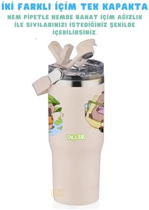 Diller 950ml Sevimli Kapibara Tumbler Pipetli/Pipetsiz Kullanım Kulplu Paslanmaz Çelik Capybara Termos