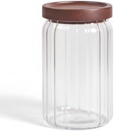 Akasya Kapaklı Çizgili Cam Kavanoz (750 ml) | Hava Geçirmez, Modern Fitilli Tasarım Gıda Saklama Kabı | Bakliyat, Kahve, Çay ve Kuruyemiş Kavanozu (9x15 cm)