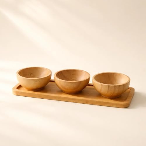 Doğal Bambu Standlı 3'lü Yuvarlak Sosluk ve Çerezlik Seti (20x6,5 cm) - Kahvaltılık İkramlık Takımı