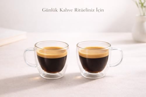 Çift Cidarlı 2’li Kulplu Espresso Fincan Seti 80 ml Şeffaf Espresso Kahve Kupaları, Shot Bardakları, Çift Cidarlı Espresso Fincanları, Espresso Makinesi İçin Uygun, Mikrodalga Fırında Kullanılabilir