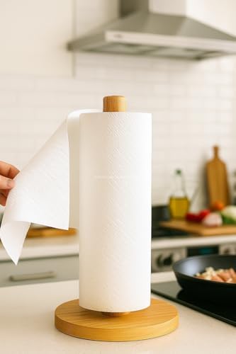 Bambu Kağıt Havluluk Doğal Ahşap Mutfak Tezgahı İçin Dikey Kağıt Havlu Standı Modern Şık Tasarım Dayanıklı Kolay Temizlenir Kaymaz Tabanlı Pratik Kağıt Havlu Tutucu Organizer (Yuvarlak)