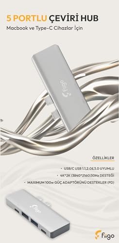 fiigo MacBook ve TYPE-C Cihazlar İçin 5 Portlu HUB