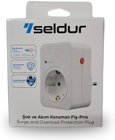 Şok ve Akım Korumalı Fiş-Priz, 16A-250V, Max 3600W 720 Joule, Reset Edilebilir, Sürekli Koruma, Toprak Hatlı, Çocuk Korumalı, Siyah Renk, E1TD33S