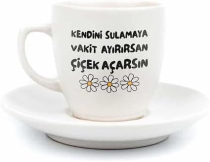 Kendini Sulamaya Vakit Ayırırsan Çiçek Açarsın Krem Türk Kahvesi Fincanı - Hediye Seramik Türk Kahvesi Fincanı