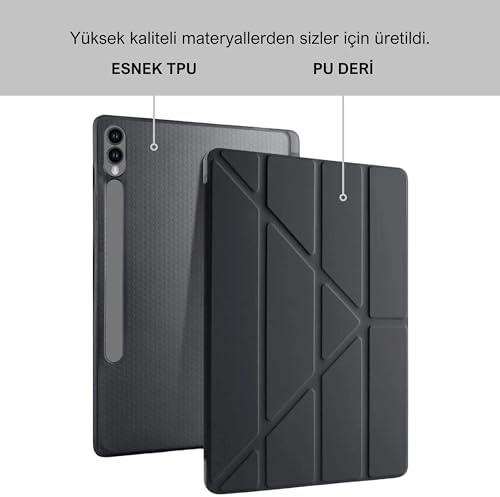 Galaxy Tab S9+ FE Plus 12.4 inç Uyumlu Smart Kılıf, S Pen Kalemlikli, Trifold, Esnek, Mat, Origami, Darbeye Tam Dayanıklı Tablet Kılıfı (Siyah)