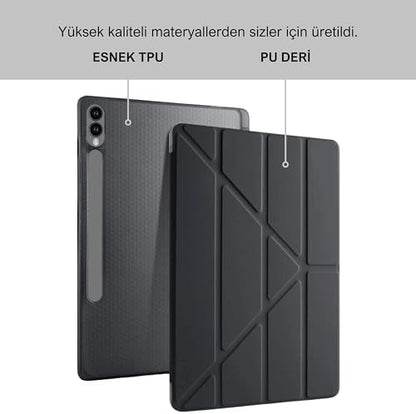 Galaxy Tab S9+ FE Plus 12.4 inç Uyumlu Smart Kılıf, S Pen Kalemlikli, Trifold, Esnek, Mat, Origami, Darbeye Tam Dayanıklı Tablet Kılıfı (Siyah)