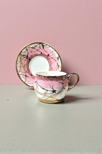 6 Kişilik Lüks Porselen Pembe Ton Altın Yaldızlı Kahve Fincan Seti - 100 ml