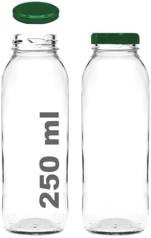 250 ml Şeffaf Hale Cam Şişe, Yeşil Metal Kapaklı, Meyve Suyu ve İçecekler için, 250 cc, Yerli Üretim, 15 Adet