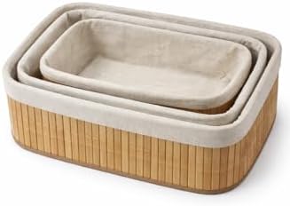 Bambu Meyvelik Sepeti 3’lü Set – Küçük, Orta, Büyük Boy – Çıkarılabilir Kumaş Astarlı – Doğal Ahşap Dekoratif Tezgah & Masa Üstü Organizer (Large)