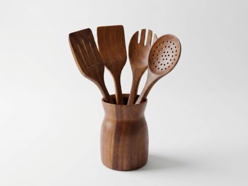 Premium Akasya Ağacı Mutfak Gereçleri Seti - 4 Parça Kaşık/Spatula Seti ve Şık Ahşap Tutucu - Gıdayla Temasa Uygun, Doğal ve Antibakteriyel - Mutfak İçin Ergonomik Tasarım