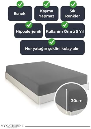 Lastikli & Hipoalerjenik Çarşaf |%100 Pamuk Penye Kumaş | Çift Kişilik 140x200 cm - Antrasit, LUXCARSAF