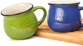 2'Li Emaye Görünümlü Renkli Porselen Kupa Seti Good Morning Gold Yazılı 250 Ml,Mavi & Yeşil