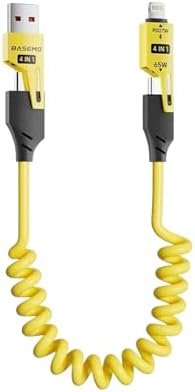 4in1 Spiral Şarj Kablosu 65W Hızlı Şarj - USB-A Type-C Lightning Çoklu Kablo - Esnek Yay Tasarım - Premium Kalite Çok Fonksiyonlu Data Kablosu (Sarı)