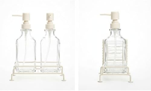 2'li Standlı Kare Cam Sabunluk Seti | 2 x 500 ml | Ferforje Metal Standlı Siyah & Krem Renk Seçeneği | Sünger/Fırça Bölmeli Mutfak ve Banyo Düzenleyici (Krem)
