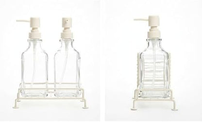2'li Standlı Kare Cam Sabunluk Seti | 2 x 500 ml | Ferforje Metal Standlı Siyah & Krem Renk Seçeneği | Sünger/Fırça Bölmeli Mutfak ve Banyo Düzenleyici (Krem)