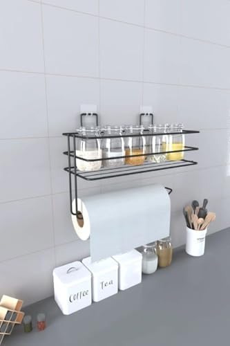 Yapışkanlı Metal Raf – Kağıt Havlu Askılı Duvar Tipi Baharatlık ve Şampuanlık, Banyo ve Mutfak İçin Uygun, Delmeden Yapıştırmalı Metal Askılı Organizer Raf