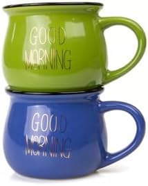2'Li Emaye Görünümlü Renkli Porselen Kupa Seti Good Morning Gold Yazılı 250 Ml,Mavi & Yeşil