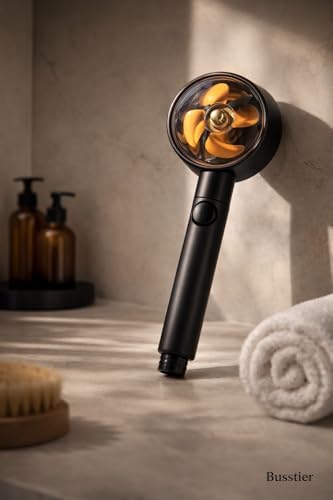 Siyah Pervaneli Turbo Duş Başlığı, 5 Akış Modlu Aç Kapa Kontrollü Yüksek Basınçlı Su Tasarruflu Masaj Etkili Modern Banyo El Duşu Standart Hortum Uyumlu