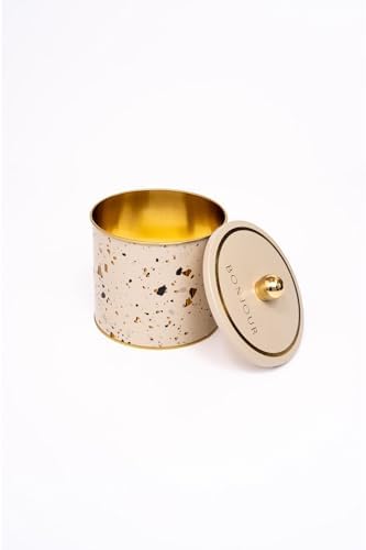 EVLE-Terrazo Desenli Yuvarlak Metal Saklama Kabı, Erzak Saklama Kabı - Organizer Kutu 14 Cm X 12,5 Cm (Terrazzo Cream)