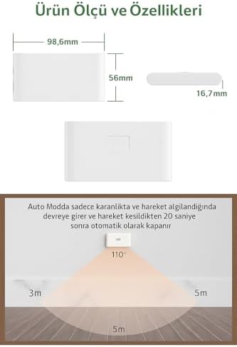 2 Adet Beril İki Yönlü Sensörlü Şarjlı LED Aplik, 5W 2700K Sıcak Işık, DC 5V, 110° Hareket Algılama, 3-5m Sensör Mesafesi, 20 Saat Sabit Işık Süresi, Otomatik/Manuel Modlu – ABS Gövde
