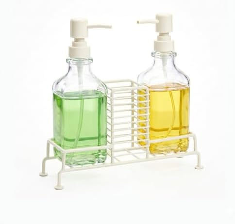 2'li Standlı Kare Cam Sabunluk Seti | 2 x 500 ml | Ferforje Metal Standlı Siyah & Krem Renk Seçeneği | Sünger/Fırça Bölmeli Mutfak ve Banyo Düzenleyici (Krem)