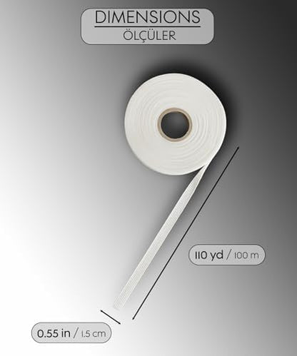 Şerit İpli Biye Tela 1.5 cm x 100 m - Tek Tarafı Yapışkanlı Tela - Ütü ile Yapıştırılan Tela - Dokumasız Uygulama (Beyaz)
