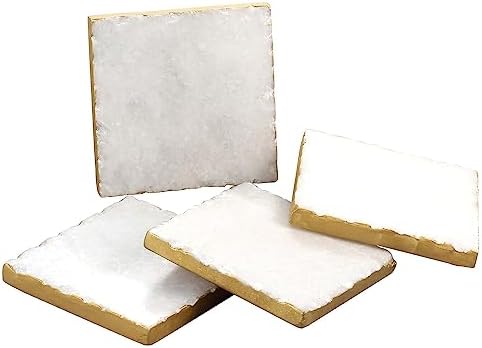Kare Beyaz Mermer/Altın Kenarlı Bardak Altlıkları, Kaymaz Köpük Destekli Tamamen Doğal Taşlar, İçecek Emici ve Masayı Korur, 4'lü Set