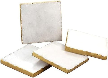 Kare Beyaz Mermer/Altın Kenarlı Bardak Altlıkları, Kaymaz Köpük Destekli Tamamen Doğal Taşlar, İçecek Emici ve Masayı Korur, 4'lü Set