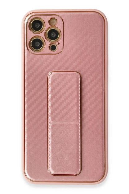 Apple iPhone 12 Pro Kılıf Coco Karbon Standlı Kapak - Pembe