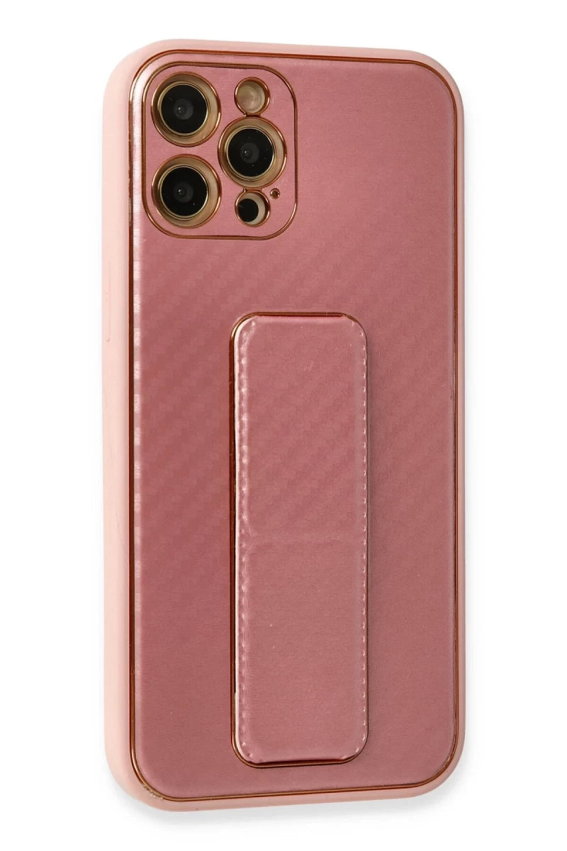 Apple iPhone 12 Pro Kılıf Coco Karbon Standlı Kapak - Pembe