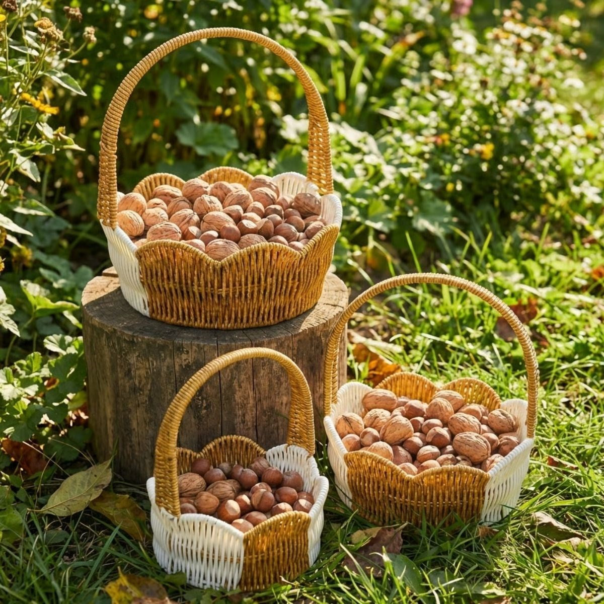 BUFFER® İç İçe Geçebilen 3’lü Çift Renkli Yuvarlak Dalgalı Formlu Saplı Plastik Rattan Sepet Seti – Hasır Görünümlü Çok Amaçlı Organizerler