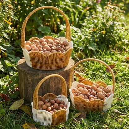BUFFER® İç İçe Geçebilen 3’lü Çift Renkli Yuvarlak Dalgalı Formlu Saplı Plastik Rattan Sepet Seti – Hasır Görünümlü Çok Amaçlı Organizerler