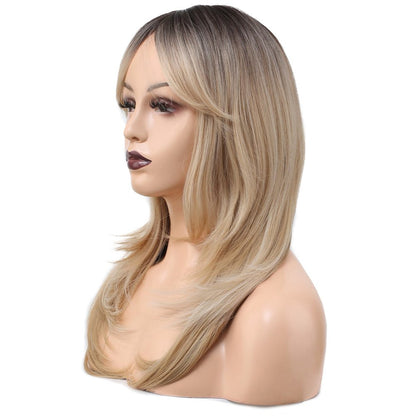 Katlı Kesim Perçemli Düz Fiber Sen Orta Boy Peruk / Kahve / Platin Ombre ve Röfleli