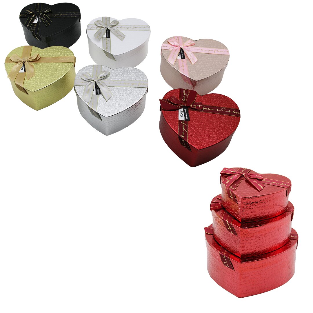 3PCS KALP PARLAK MİX RENKLİ - KABARTMA DESEN KARTON HEDİYE KUTUSU KURDELALI 22X20-19X17-16X14CM (5643)