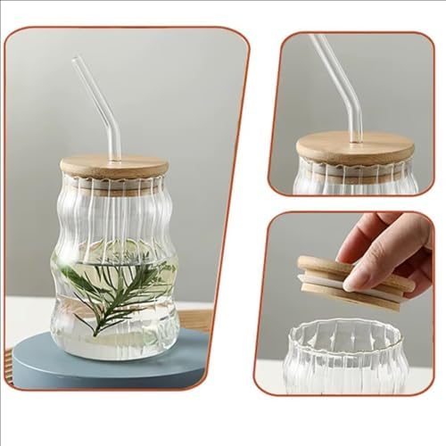 500ml Bambu Kapaklı Cam Bardak, Cam Pipetli Silikon Kapak Contalı Desenli Sıcak Soğuk İçecekler Kahve Meyve Suları ve Çayları için Şık Ergonamik Tasarım