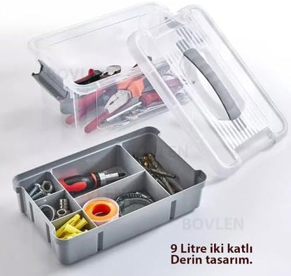 Büyük Boy Bölmeli Organizer Kutu 9 Litre - Şeffaf Tasarım Saklama Kabı - Ev Araba Saklama Kutusu - Ev Banyo Düzenleyici, Dolap Düzenleyici, Saklama, Kutu, Organizer