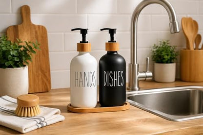 2’li Hands Dishes Siyah Beyaz Cam Sıvı Sabunluk Seti 500 ml, Bambu Standlı Dekoratif Mutfak & Banyo Sabunluk Dispenser Seti Şık Modern Tasarım