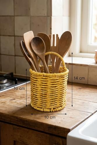 Yuvarlak Hasır Dokulu Plastik Rattan Kaşıklık ve Çatallık, Askılı Çok Amaçlı Mutfak Organizeri, 10x14 cm