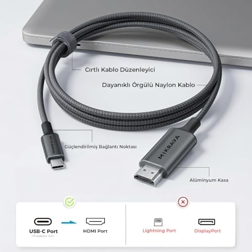 USB C HDMI Kablo (4K@60Hz,2K@120Hz,1080P@165Hz) HDR HDCP Type C to HDMI 2.0, iPhone 15/16/17 Pro, MacBook iPad Pro/Air, S25 ile Uyumlu (2 Metre)